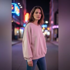 Zara Pink Pearl-Embellished Crewneck Sweatshirt w Faux Large Pearl Appliqués Med